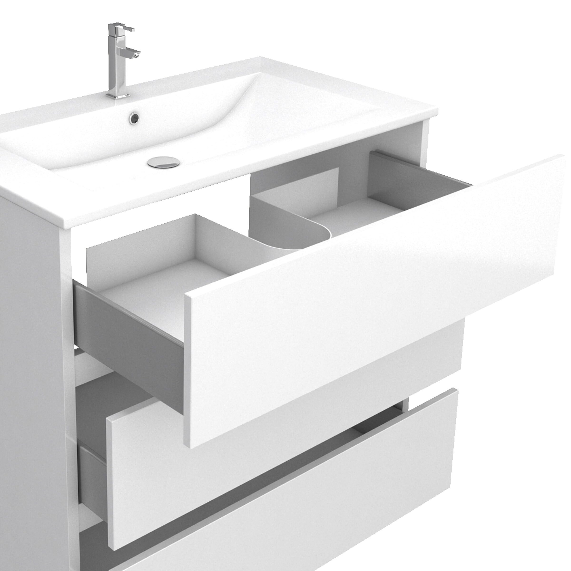 AURLANE Ensemble Meuble de Salle de Bain Blanc 80 cm sur Pied 3 tiroirs + Vasque ceramique Blanche + Miroir
