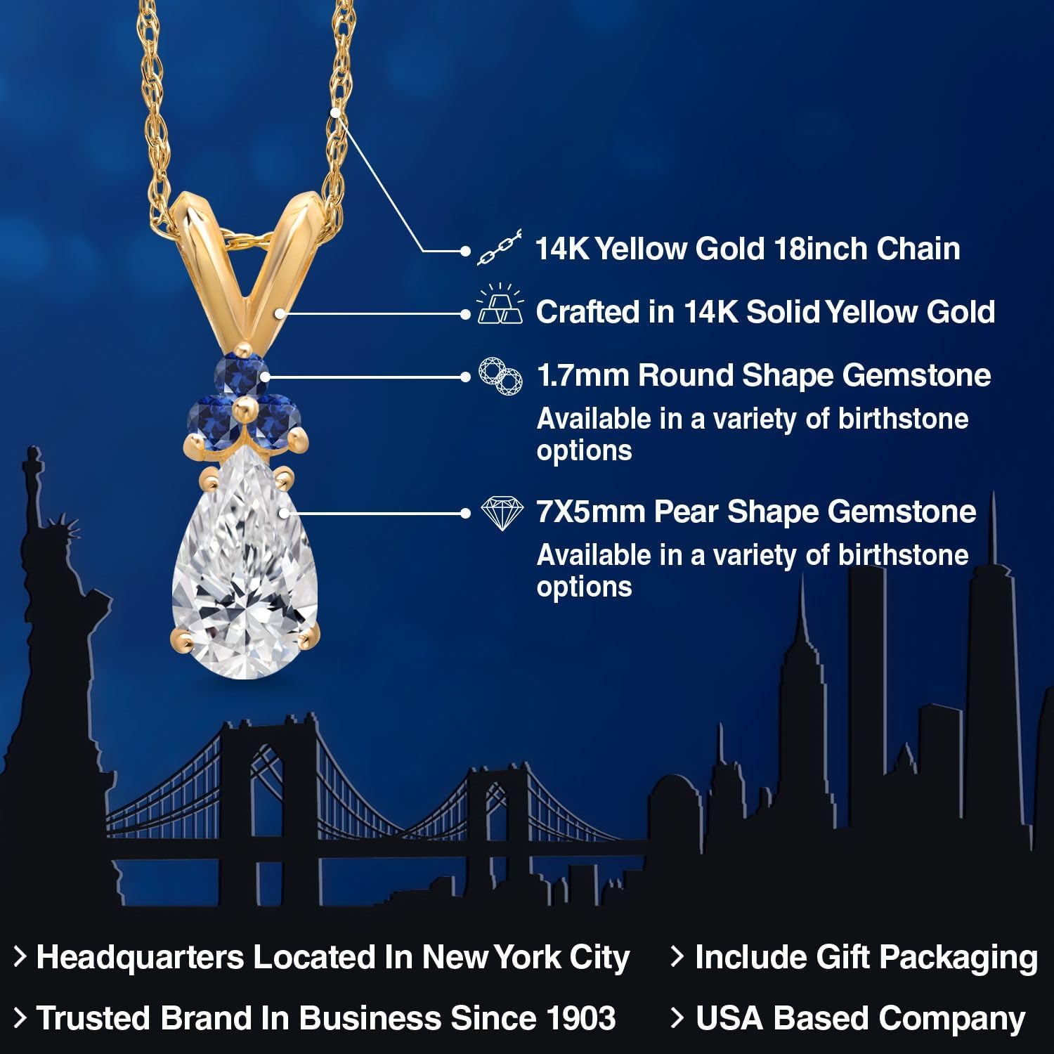 Gem Stone King 14K Yellow Gold DEF Lab Grown Diamond and Blue Created Sapphire Pendant Necklace for Women | 0.58 Cttw | Gemstone April Birthstone | Pear Shape 7X5MM | With 18 Inch Chain - Image 2