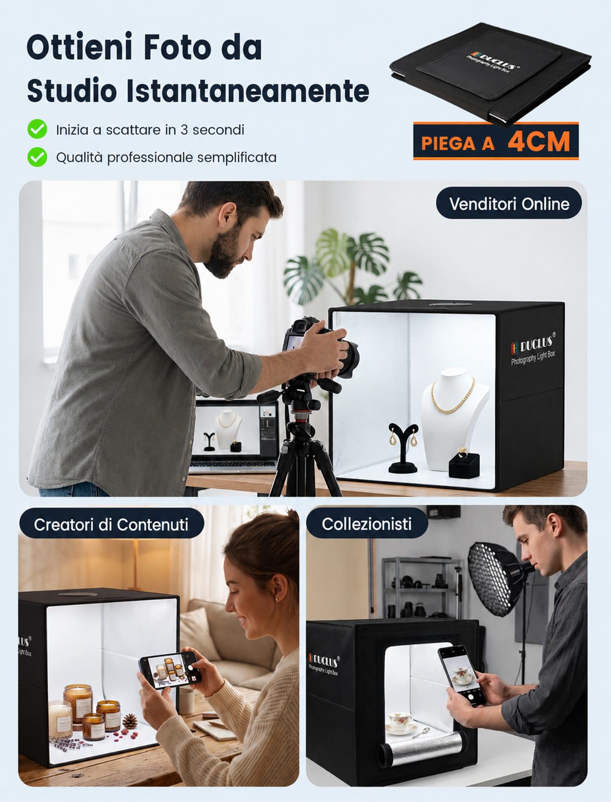DUCLUS Lightbox 40x40 cm, Studio Fotografico Pieghevole, 5500K kit con Tenda Luminosa Dimmerabile, Illuminazione a 160 LED e 8 Sfondi per la Fotografia di Prodotti