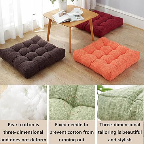 Miniatura 5 de Puf de cojín de suelo, cojín cuadrado de algodón y lino, cojín de meditación grueso copetudo para sala de estar, yoga, dormitorio, sofá, 17.7 in17