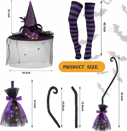 Miniatura 2 de 3 piezas de disfraz de bruja brillante de Halloween, sombrero de bruja brillante, escoba a rayas ajustadas para mujer, bruja cosplay, fiesta de