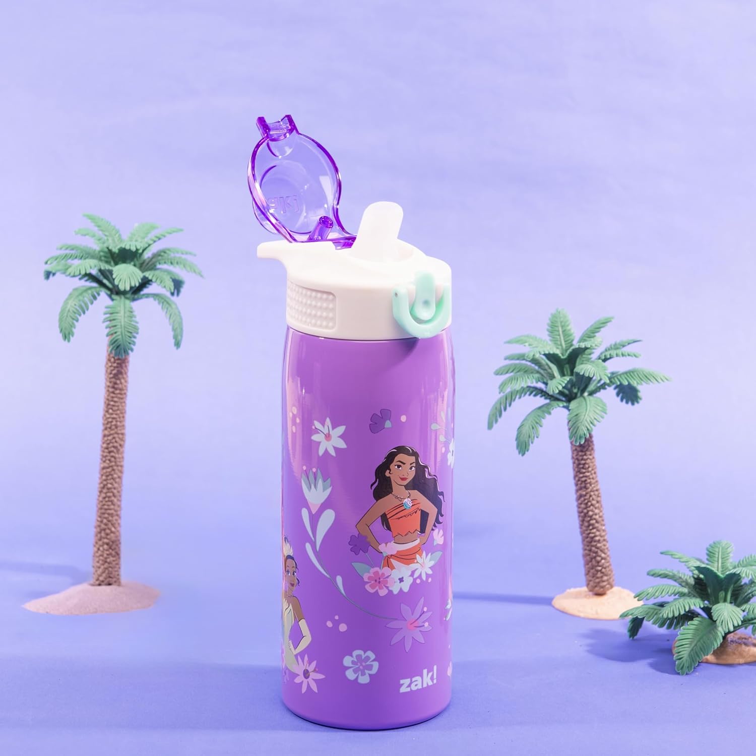 Zak Designs Disney Princess Sage Kids Water Bottle For School or Travel, 19oz Stainless Steel Water Bottle With Straw, Handle, and Leak-Proof, Pop-Up Spout Cover (Ariel, Moana, Rapunzel, Tiana) - Image 2