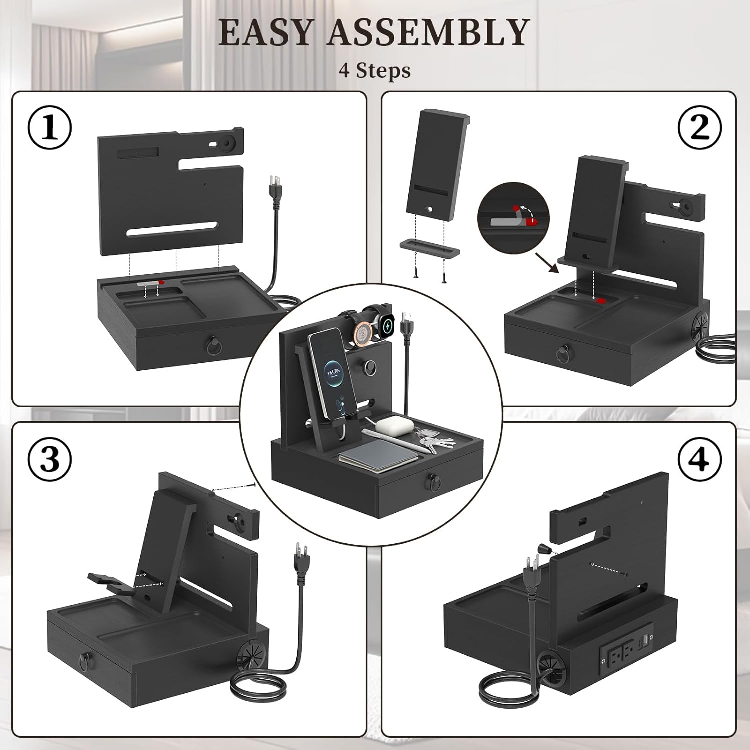 upcessory Nightstand Organizer, Wood Bedside Organizer Docking Station with USB Ports and Outlets, Gifts for Men, Nightstand Drawer Organizer for Cellphone, Watch, Sunglasses & Accessorie