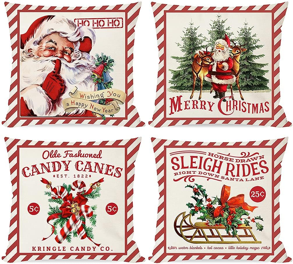 PANDICORN Vintage Christmas Pillow Covers - 18x18 Set of 4 for Christmas Decorations, Red Retro Santa Trees Candy Cane Sleigh Rides Reindeer Rustic Country Holiday Decor Throw Pillows Cases