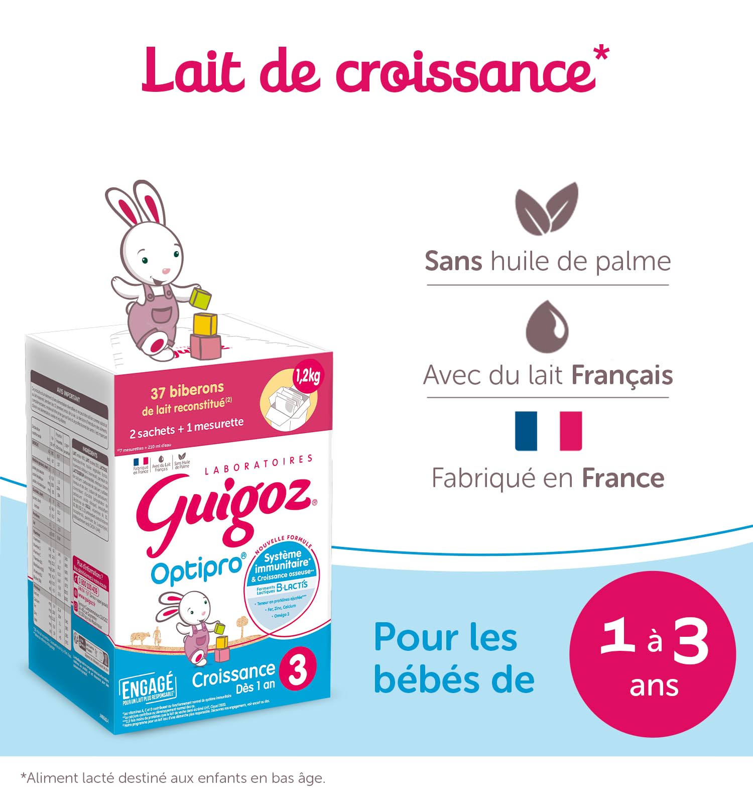 GUIGOZ CROISSANCE 3 OPTIPRO - DÈS 12 MOIS - Lait de croissance en poudre de 12 mois à 3 ans - BAG IN BOX (2 sachets de 600g)