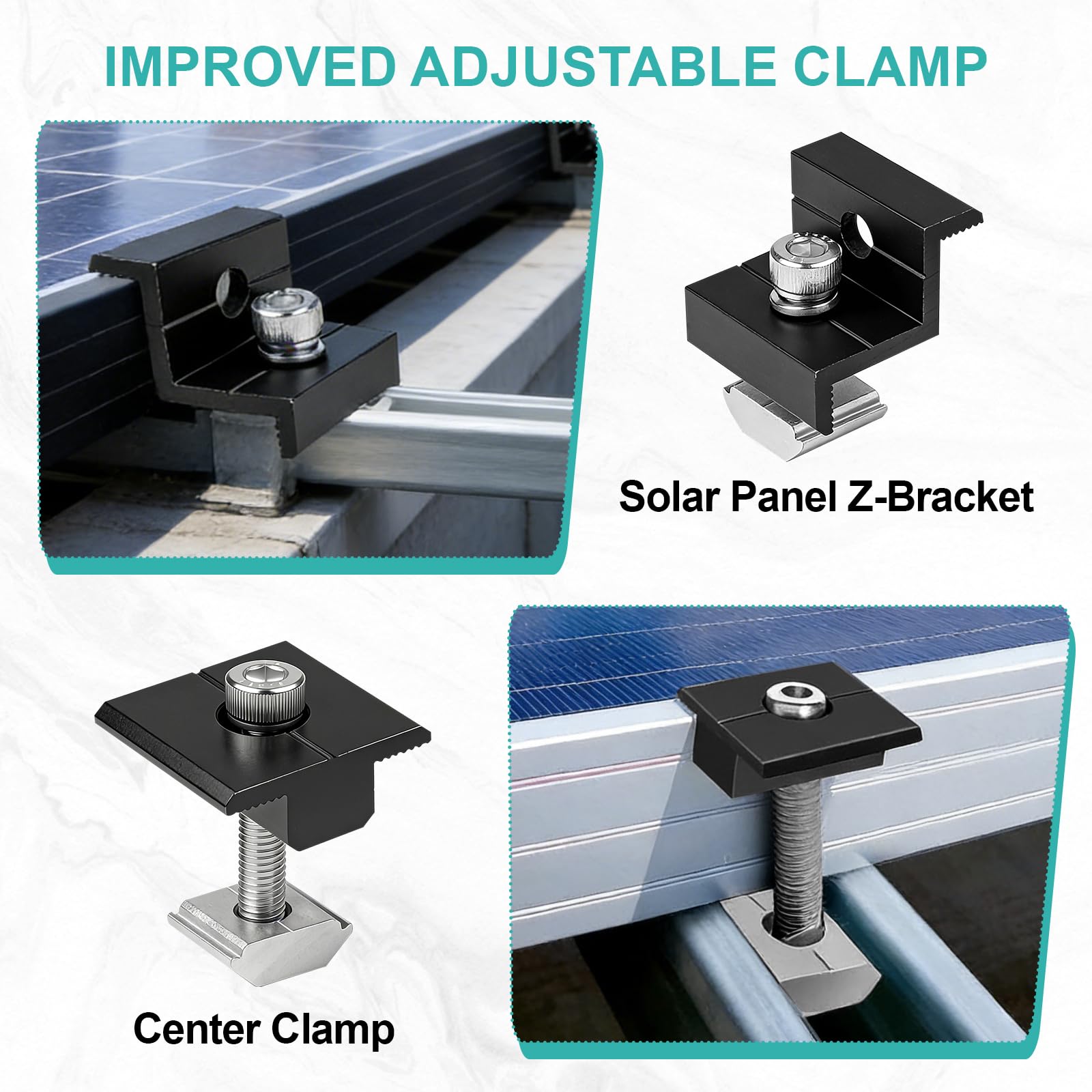 EXLECO Kit de 12 Support Panneau Solaire 30-35mm, Fixation Panneaux Solaires Photovoltaïque en Aluminium pour Rail, 6 Pinces Centrales en T et 6 Pièces d'Extrémité en Z, PV Pince de Toit, Noir