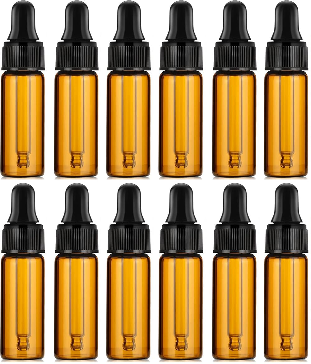 Hunky Dory 12pcs 5ml Mini Amber Glass Dropper Bottles Small Sample Vials for Traveling Essential, Oils,Cosmetic, Liquid, Perfume-image-14