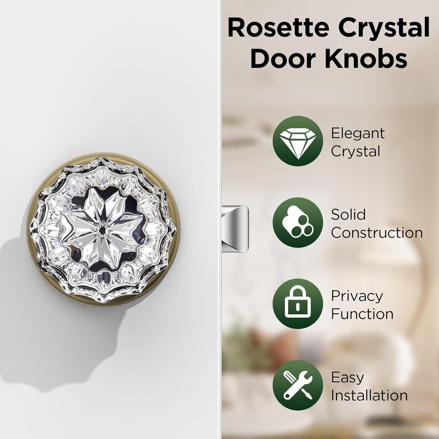 1 Pack Crystal Door Knob, Rosette Shaped Glass Door Knobs Interior with Lock, Antique Brass Door Knobs Interior Glass