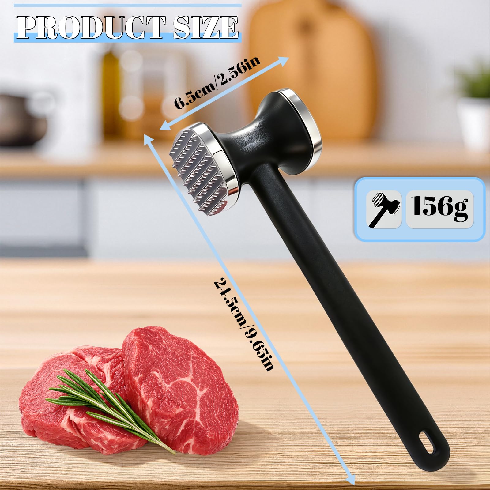 Fleischklopfer aus Edelstahl, Doppelseitiger Schnitzelklopfer Fleischhammer mit Rutschfestem Griff, Spülmaschinenfest, für Schnitzel, Steak, Koteletts, Hähnchen und Schweinefleisch, Silber