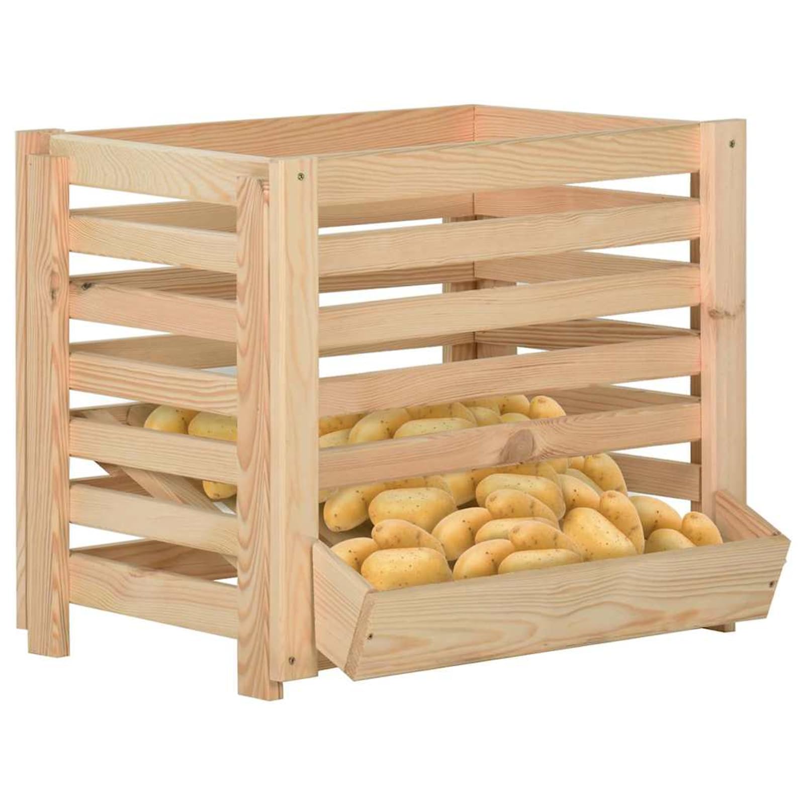 Homgoday Kartoffelkiste 60x40x50 cm Massivholz Kiefer stapelbar Gemüseaufbewahrung mit Kippfach belüftet für Kartoffeln Zwiebeln Knoblauch 327328