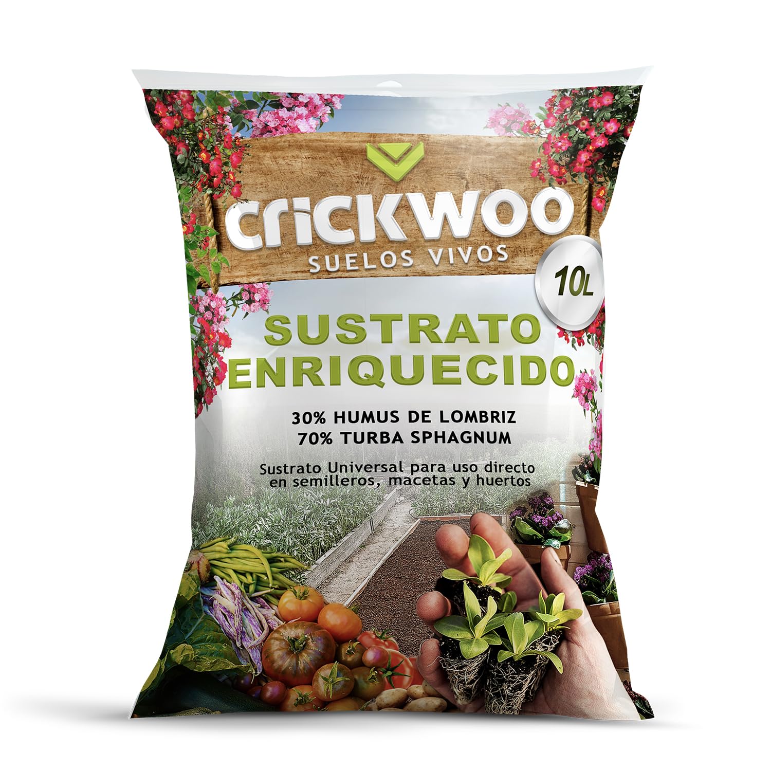CRICKWOO - Sustrato Universal Premium con Humus de Lombriz. Saco 10L (30% Humus de Lombriz y 70% Turba Sphagnum) Ideal para Todo Tipo de Plantas, semilleros, macetas y Cultivos