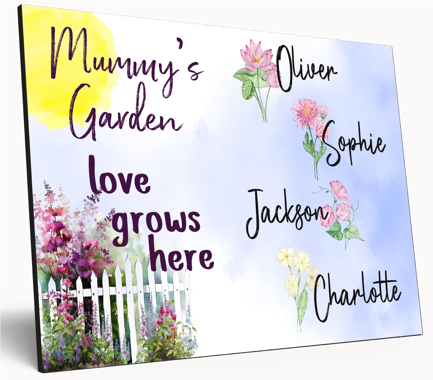 The Plum Penguin Multicolour Personalised Birth Month Flower Sign Grandma's Garden Custom A4 Wooden Wall Art Rustic Garden Design Watercolour Custom Plaque For Mums