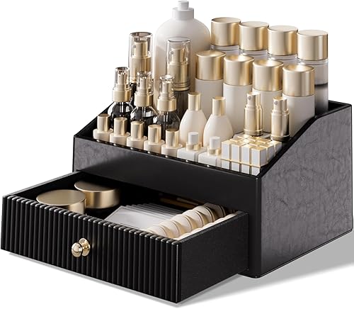 Miniatura 9 de Organizador de cosméticos, organizador de maquillaje de lujo con 3 cajones con estantes, organizadores de maquillaje de gran capacidad en negro