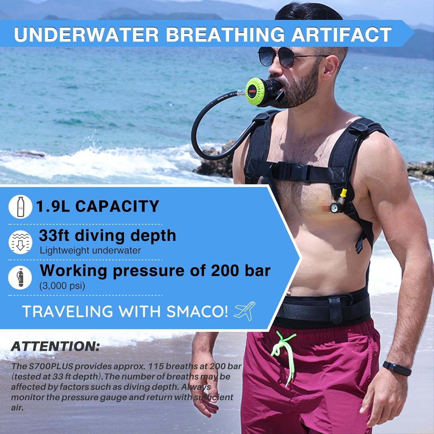 SMACO Mini Scuba Tank 1.9L Portable Diving Tank (2 Pcs) Reusable Pony Bottle for Underwater Exploration Lung Air Tank Kit Diving Cylinder Family and Buddy Kit for Boat Cleaning Rescue S700 Plus
