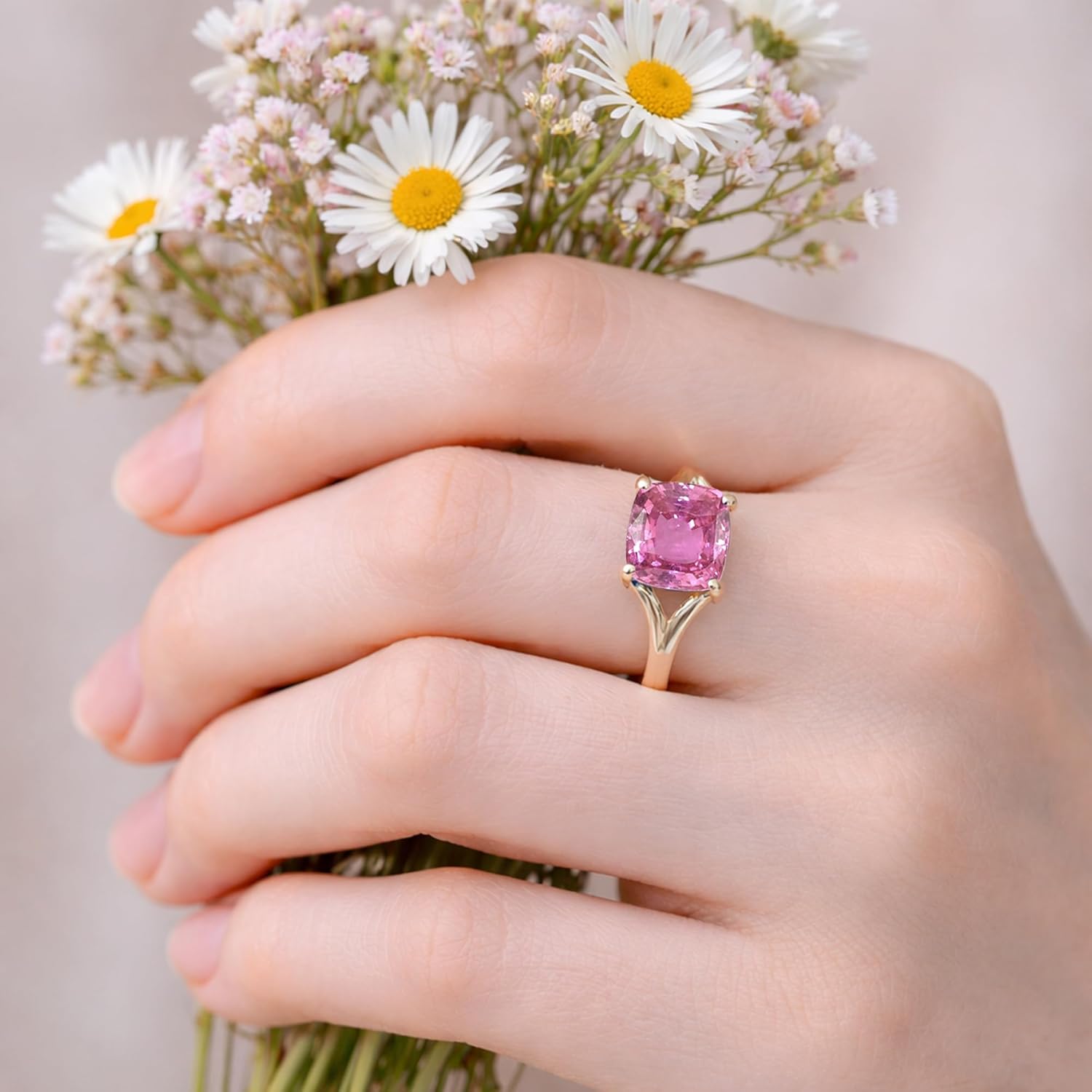 2.00 Carat Cushion Cut Bezel Set Pink Sapphire Split Shank Solitaire Engagement Ring For Women, 14K Gold Plated September Birthstone Cushion Shape Sapphire Bridal Solitaire Ring