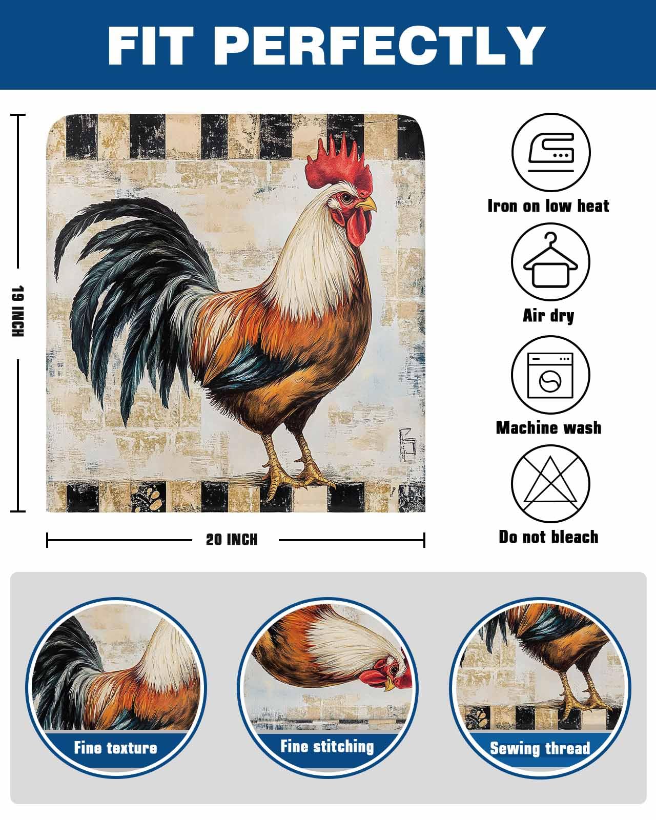 Set Of 6 Retro Rooster Chair Back Covers - Washable Slipcovers, Farmhouse Print, Chair Protectors
