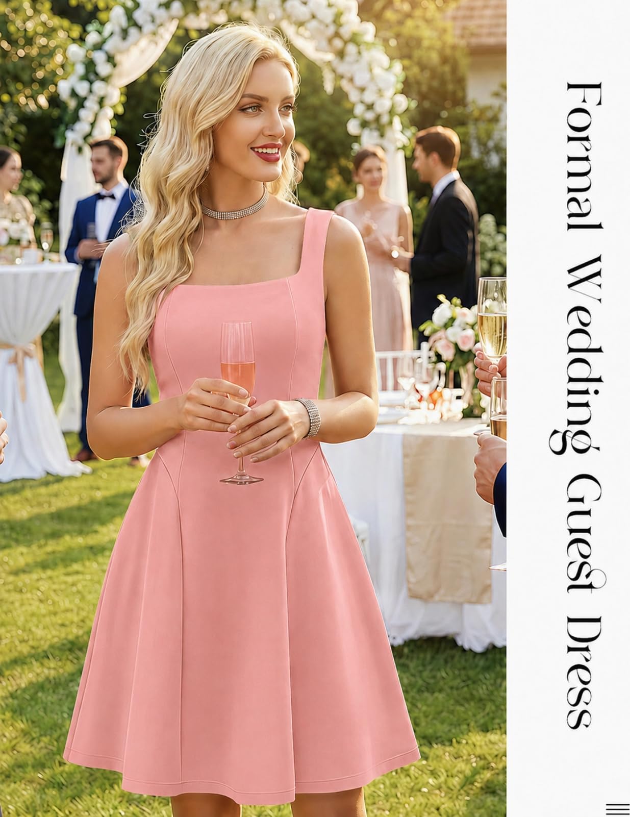 Bbonlinedress Damen-Minikleid mit quadratischem Ausschnitt, ärmellos, kurz, A-Linie, formelle Hochzeitsgäste