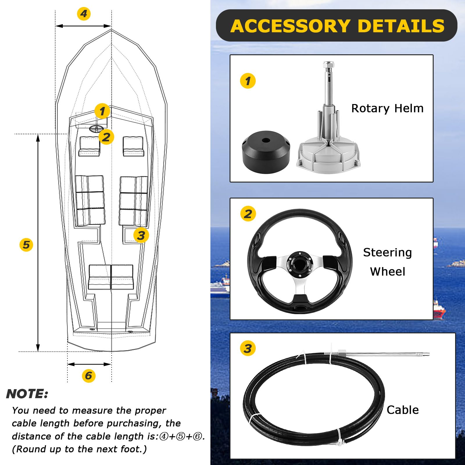 Sistema de dirección para barcos Acclcors, kit de dirección rotativa mecánica, cable de control de 457.2 cm fuera de borda, sistemas de dirección marina para yates, barcos de pesca y otras