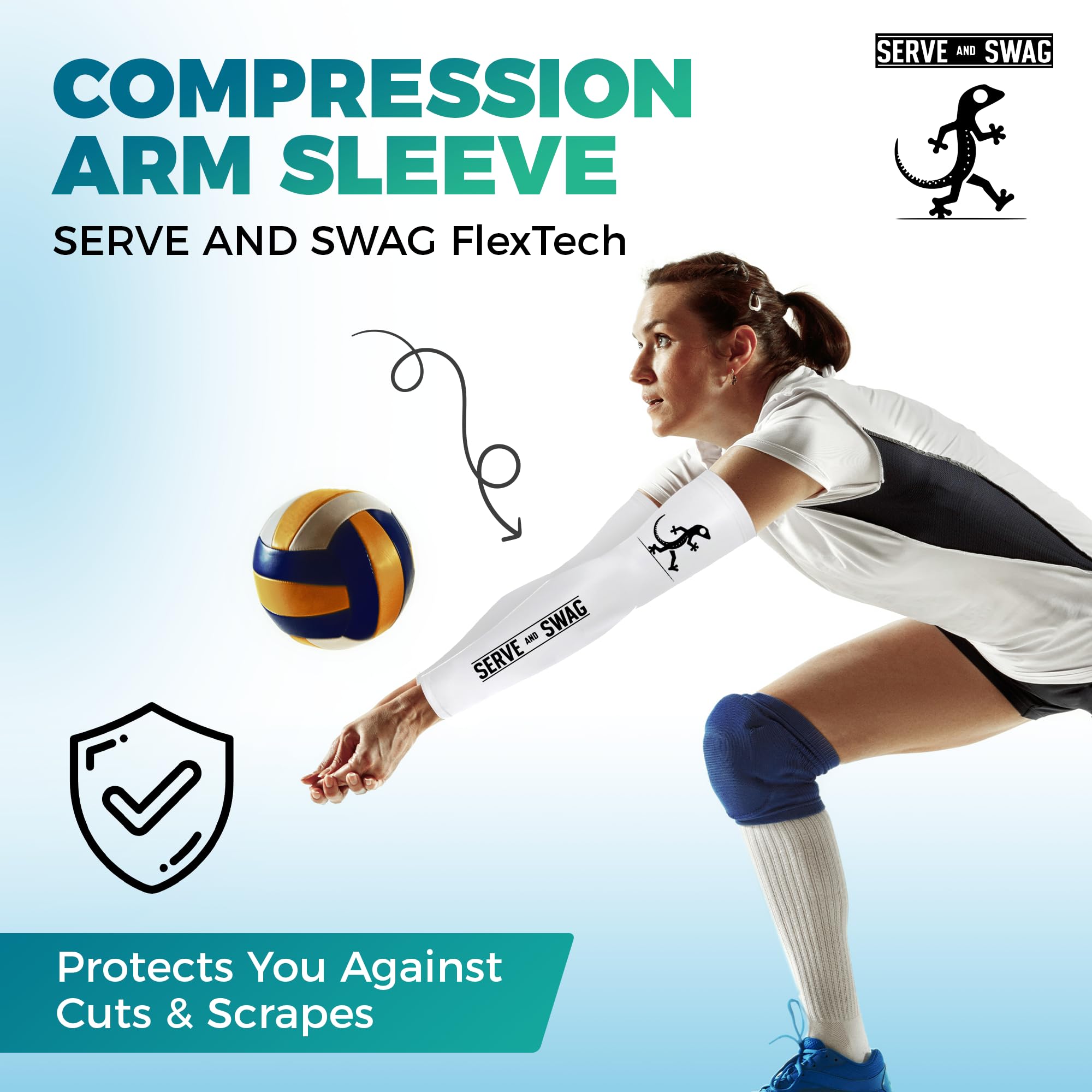 Serve and Swag™ Arm Compression Sleeves, For Men and Women, Volleyball, Basketball, Running, Sleeves in Black or White, White S&s, Large