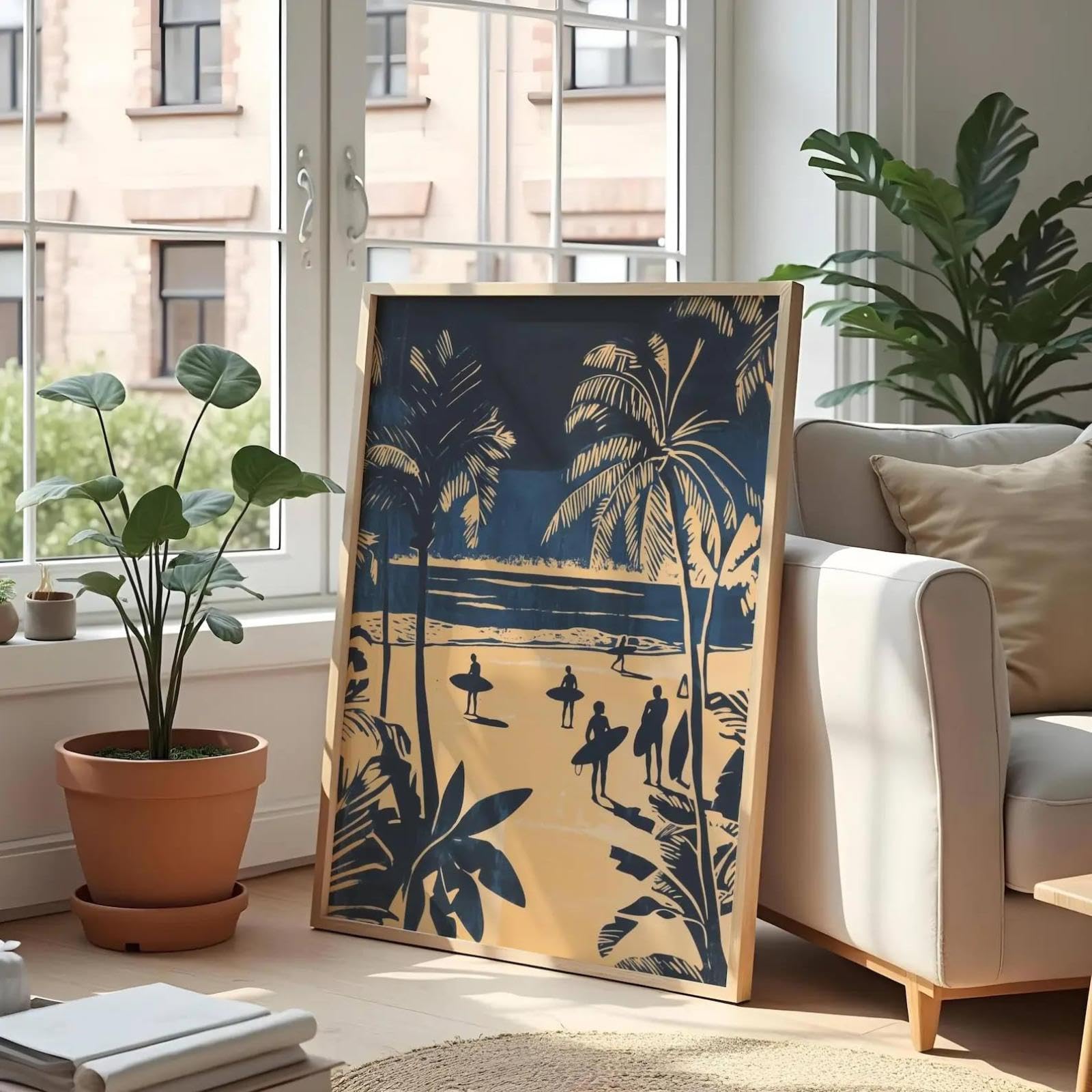 SHINERING 1Pc Vintage Surfing Tropical Palm Beach Coastal Canvas Painting Wall Art Poster Prints Picture For Living Room Bedroom Decor 21X30Cm Unframed