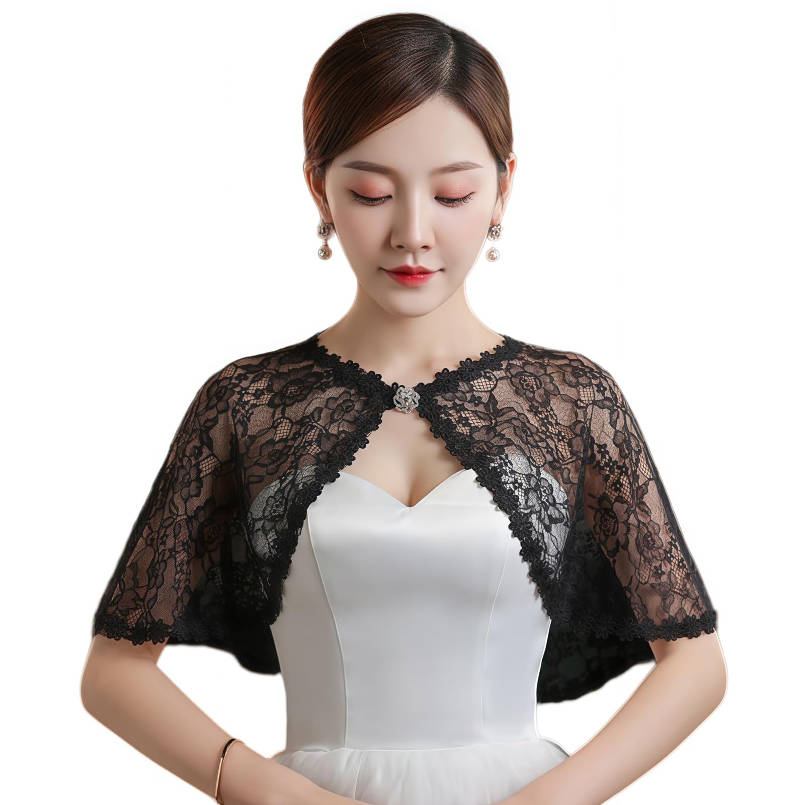 SamHeng Black Floral Lace Shawl for Women Short Bridal Lace Shawl Cape with Flower Button Wedding Capelet Cloak Cover Up Wraps Shrug for Formal Evening Dresses Prom Party Wedding