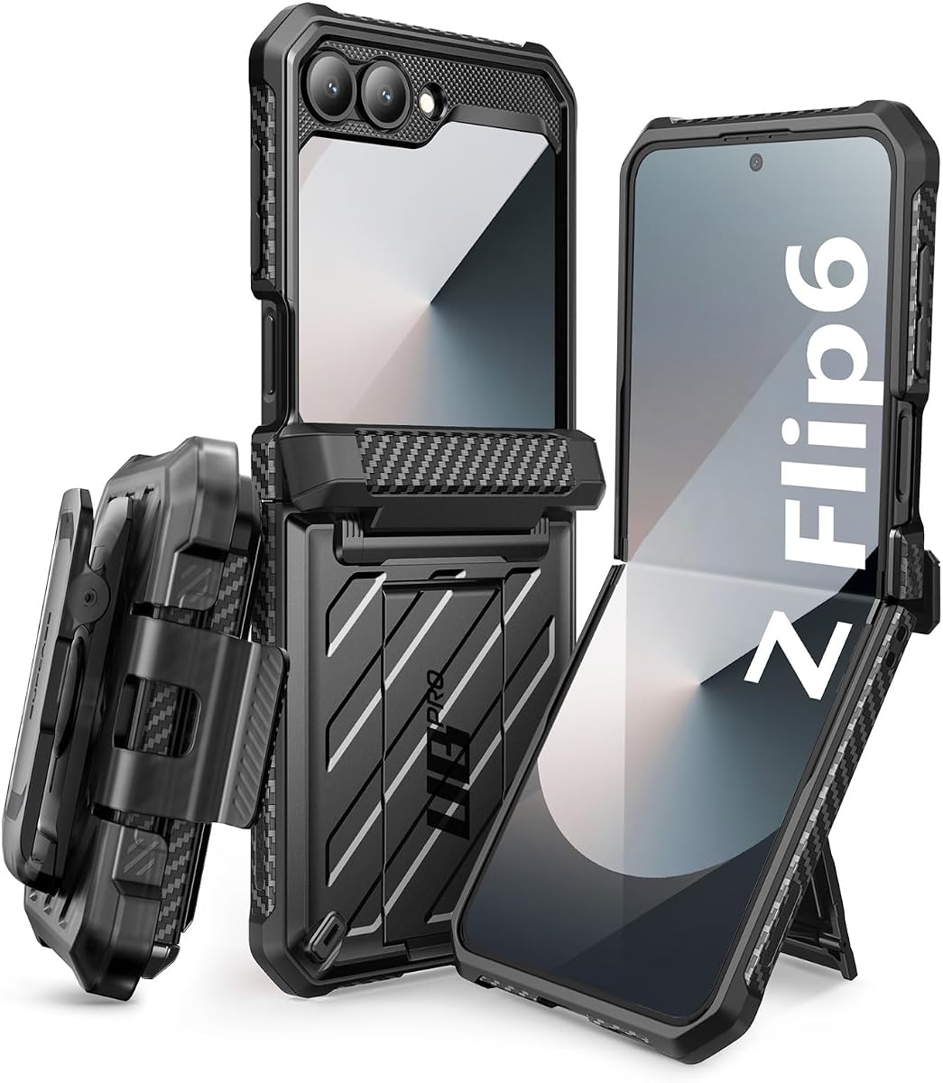 para Samsung Galaxy Z Flip 7 FE / 6/5 con soporte, negro | Clip para cinturón, protección de bisagra, protector de pantalla incorporado, cubierta de teléfono de cuerpo completo de grado militar, Unicorn Beetle Pro