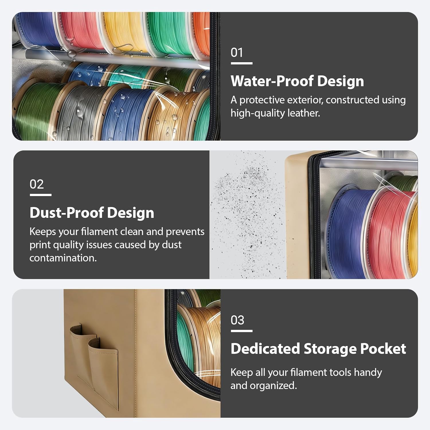 3D Filament Dry Storage Box, 2-Tier Metal Rack with Leather Cloth Cover, Holds Up to 20 Rolls of Filaments for Home & Workshop