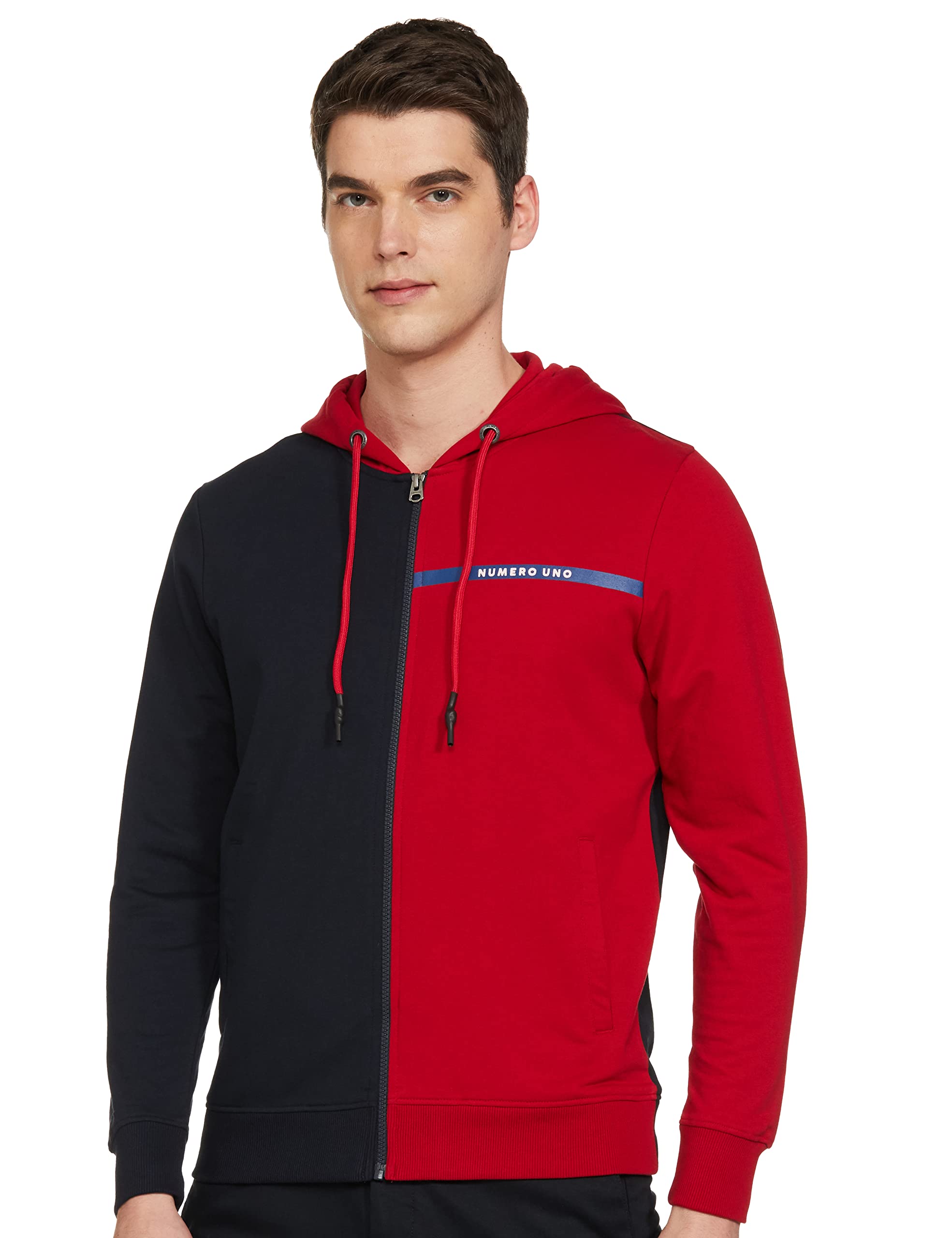 numero uno Men's Fleece Neck Hooded Regular Sweatshirt (KMSSFD69_Dark RED/Navy_L)-picture-31