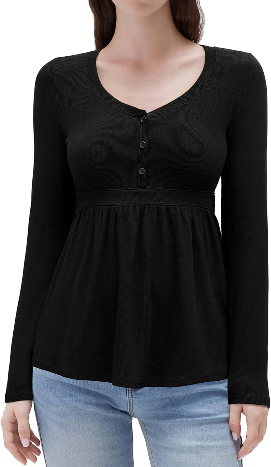 SUUKSESS Womens Babydoll Tops Cute Peplum Tops Ribbed Long Sleeve Henley Shirts Going Out Flowy Outfits