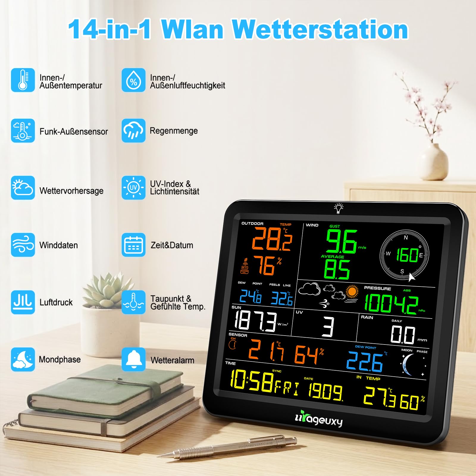 Urageuxy Stazione meteo Wi-Fi con sensore esterno, display a colori da 8,8", sensore 7 in 1 per vento, pioggia, raggi UV, temperatura, umidità, pressione atmosferica, previsioni meteo, fino a 8