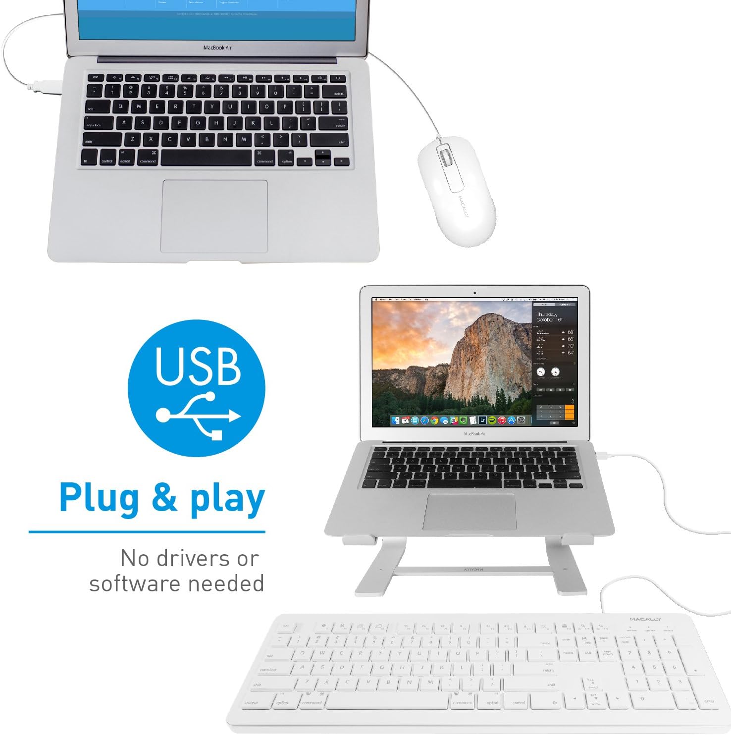 Macally USB Wired Keyboard and Mouse Combo with 2 Port USB Hub & Apple Shortcut Keys for Mac and Windows PC (MKEYXU2COMBO)
