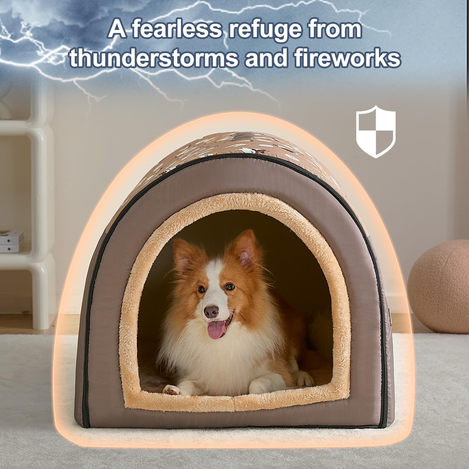 Jiupety - Casa-cama para mascotas, 2 en 1, tipo cueva, con techo, cómoda, portátil, para perros medianos y grandes, tamaño 2XL (89 x 69 x 66 cm), hasta 32 kg, marrón