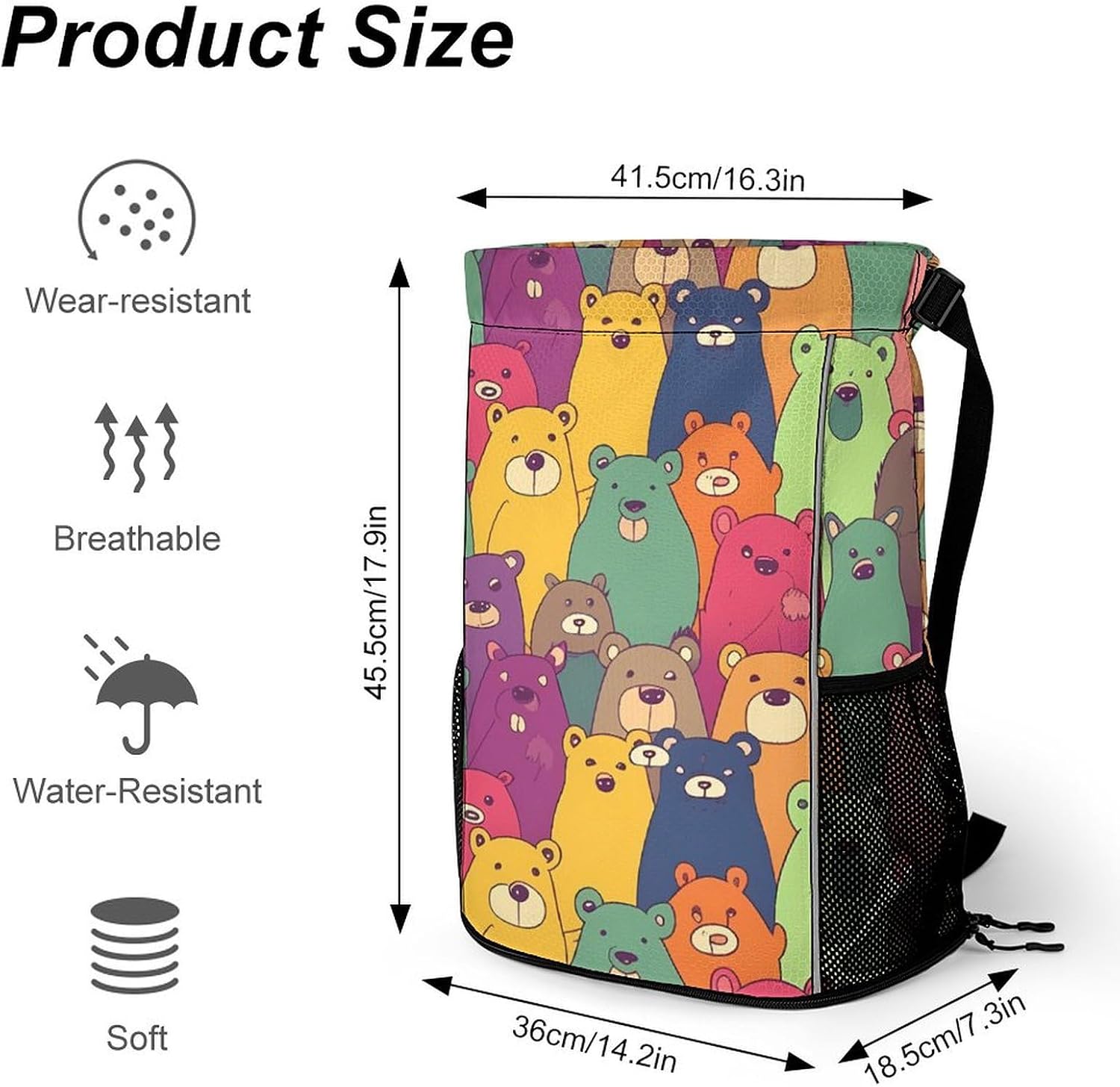 Small Gym Bag Colorful Bears Printed Drawstring Gym Bag for Men Lightweight Waterproof Drawstring Backpack for Women with Shoe Compartment for Travel Tourism Work And Fitness