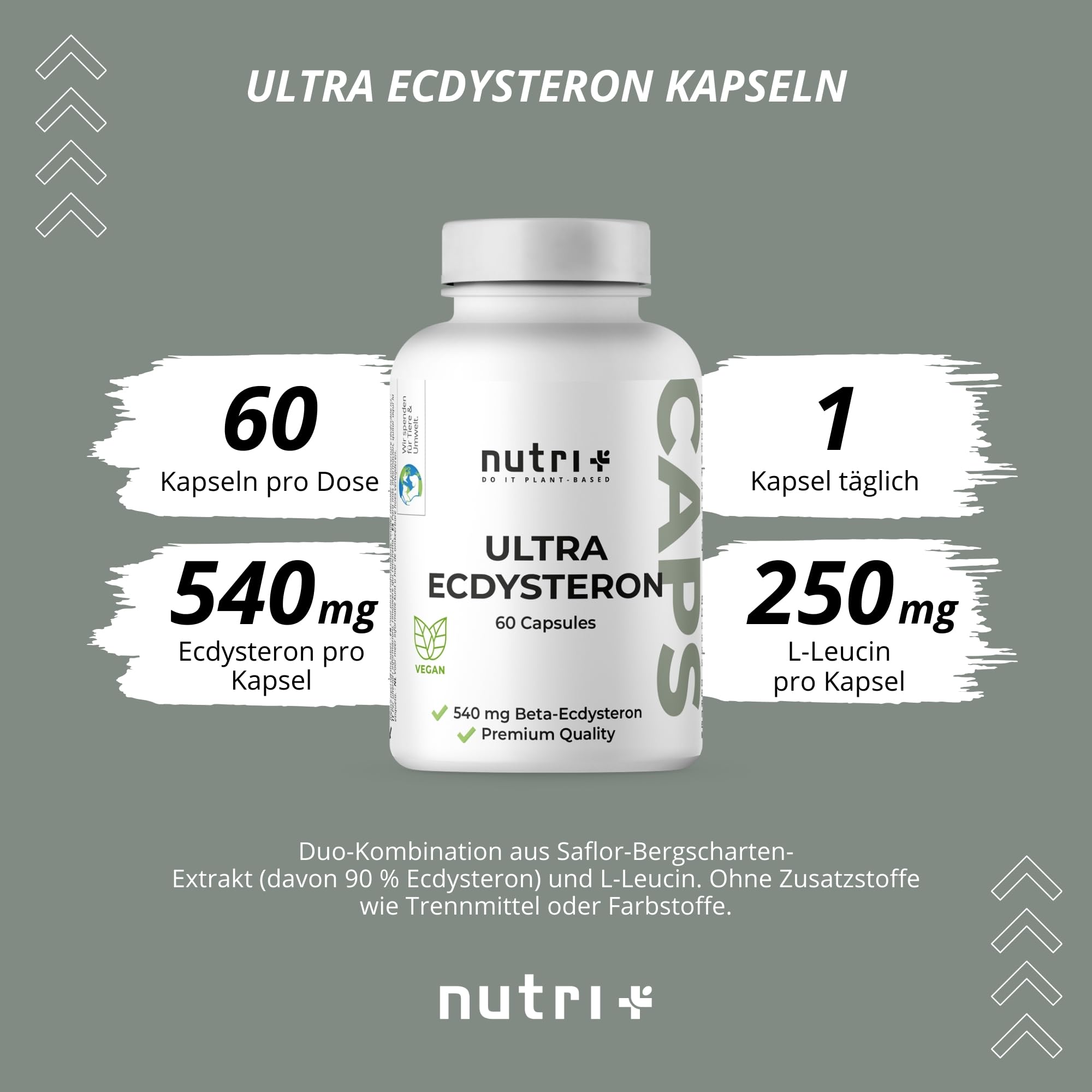 Nutri + Ultra Ecdysteron + Leucin Kapseln hochdosiert - 790 mg Wirkstoff Komplex pro Kapsel - 540 mg beta Ecdysterone 90% 250 mg L-Leucin Pulver vegan
