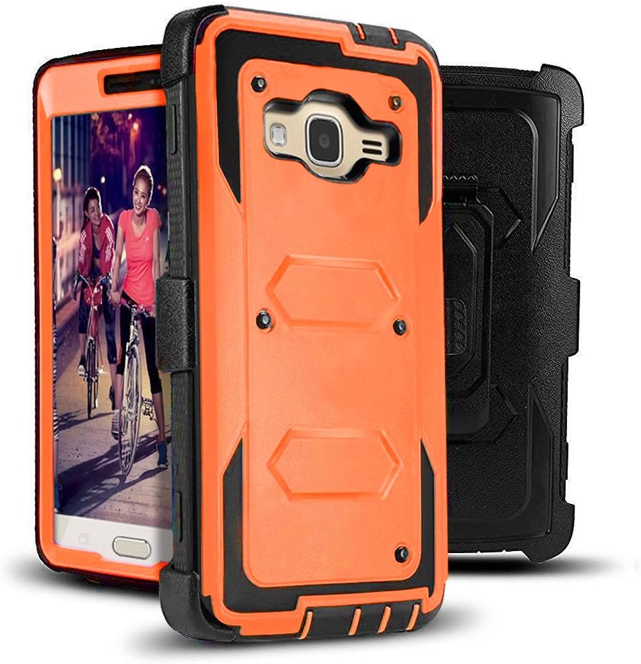 J.west Galaxy J3 Case, J3 (2016) Case, Hard Shock Absorption Full Body Rugged Hybrid Stand Holster Belt Clip Defender Phone Cover for J3, J3 (2016), J3 V, Express Prime, Amp Prime, Galaxy Sky Orange