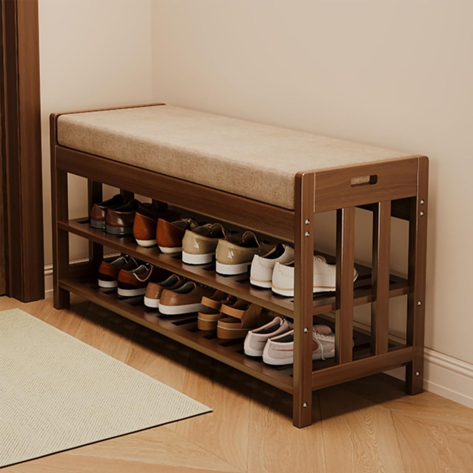 LWJSOCP Bamboo Shoe Bench Open Shoe Rack with Cushioned Seat SpaceSaving Storage Ottoman for Living Room Balcony Hallway Brown (Size: 19''/50cm)