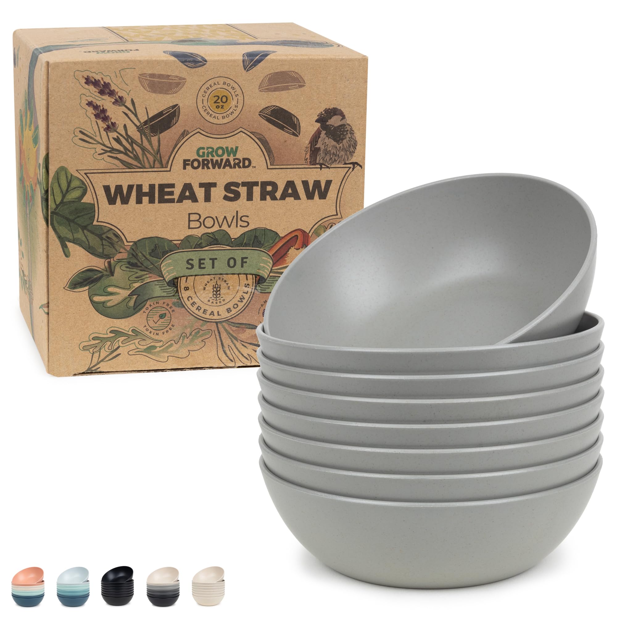 Grow Forward Premium Wheat Straw Cereal Bowls Set of 8 - Unbreakable 20oz Reusable Plastic Bowls - Microwave Safe Bowls for Kitchen, Camping, RV, Dessert, Soup, Salad, Ramen, Eating - Feather