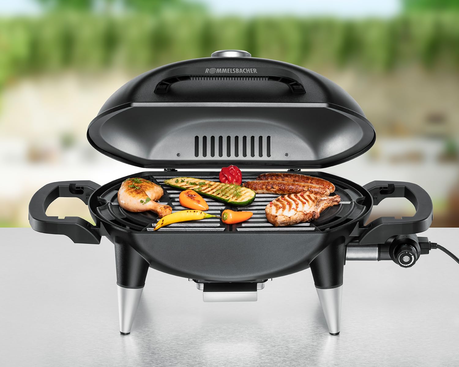 ROMMELSBACHER Barbecue Grill BBQ 4000, 2 pezzi, griglia in ghisa, coperchio a cerniera con indicatore di temperatura, temperatura fino a 300 °C, espandibile con carrello per barbecue, 2200 W