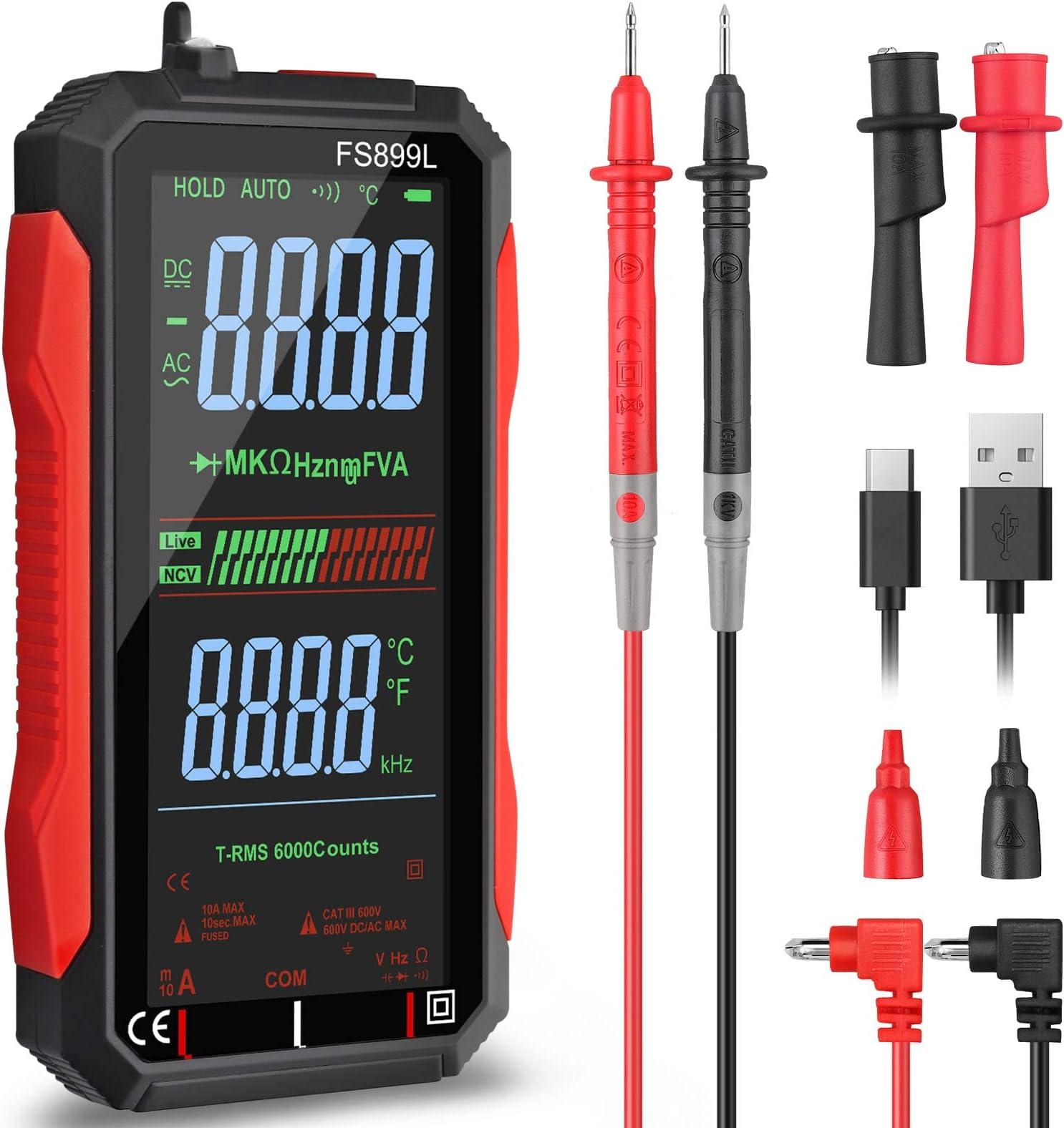 Neoteck USB Rechargeable Multimeter 6000 Counts Digital Voltmeter with 4.8’’ LCD Screen Auto-Ranging Multi Tester Capacitance Resistance Frequency Diode Live Check Voltage Tester