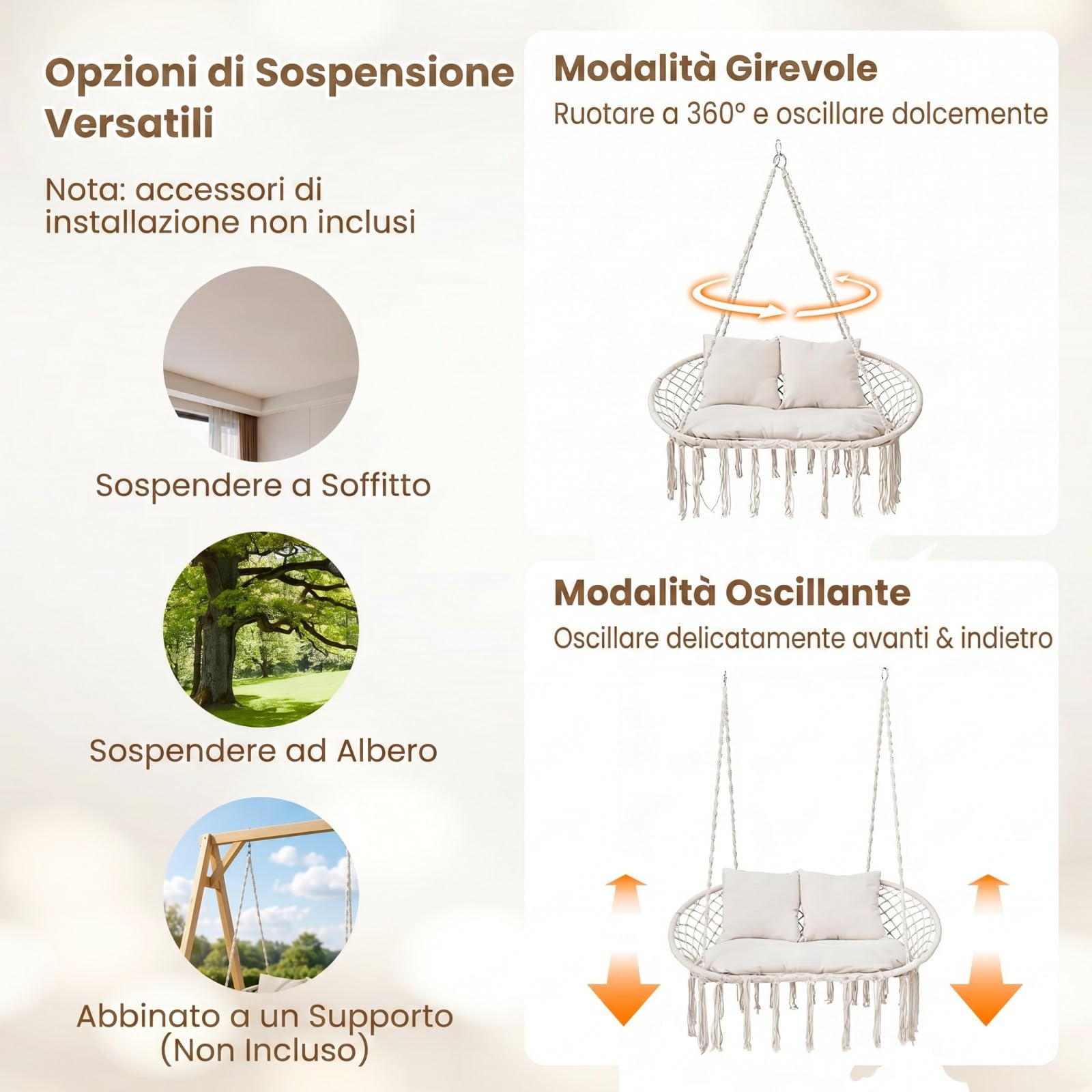 COSTWAY Sedia a Dondolo da Esterno ed Interno, Poltrona Sospesa Intrecciata a 2 Posti con Nappine in Stile Boho, 3 Morbidi Cuscini, Corde e Anelli, Portata 250 kg, per Balcone, Soggiorno e Giardino