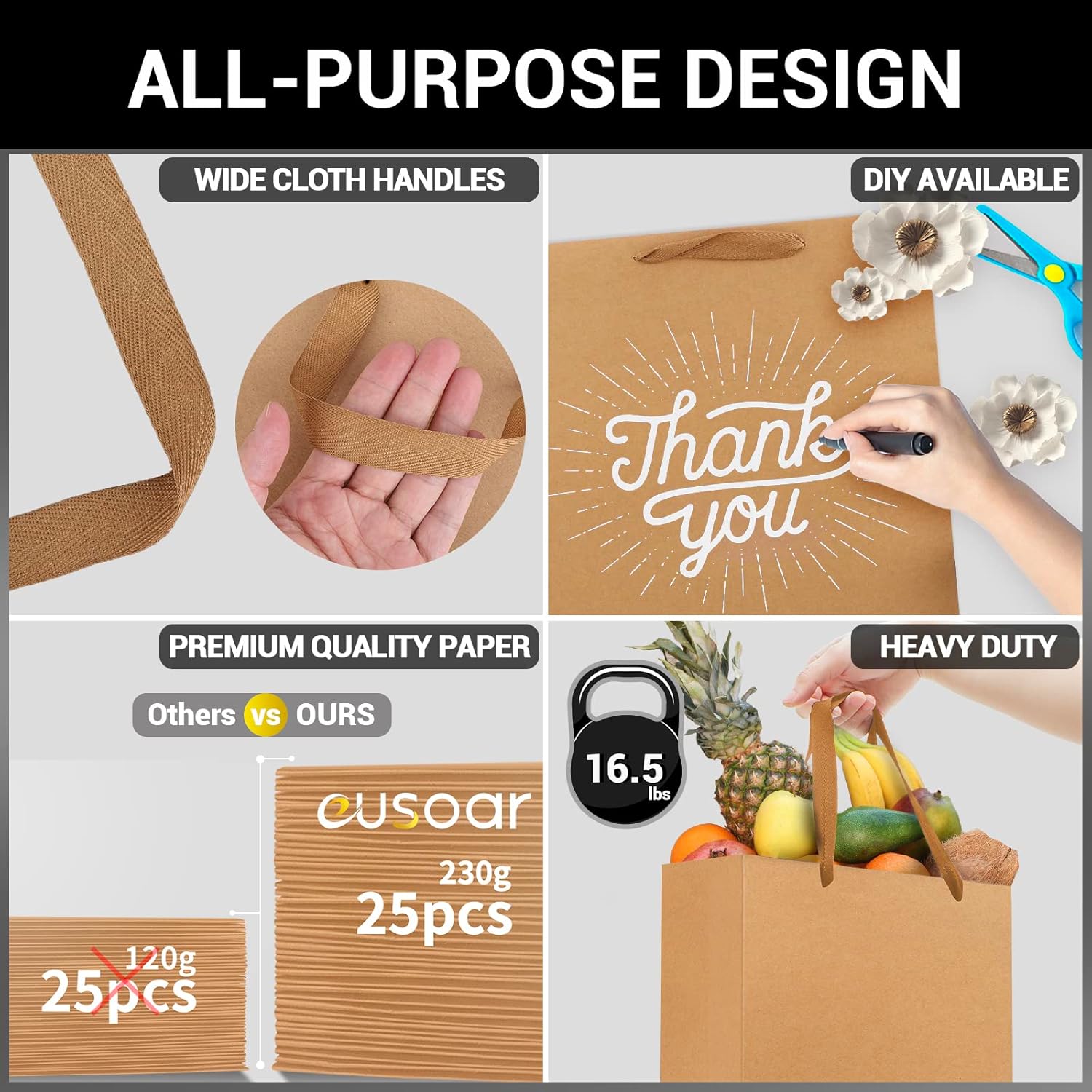 EUSOAR Shopping & Merchandise Bags, Medium Size 25pcs 7.8x3.9x11 inch Brown Kraft Paper Recyclable Gift Bags with Handle Bulk, for Party Favor Craft Retail Business Grocery Boutique Birthday Wedding - Image 3