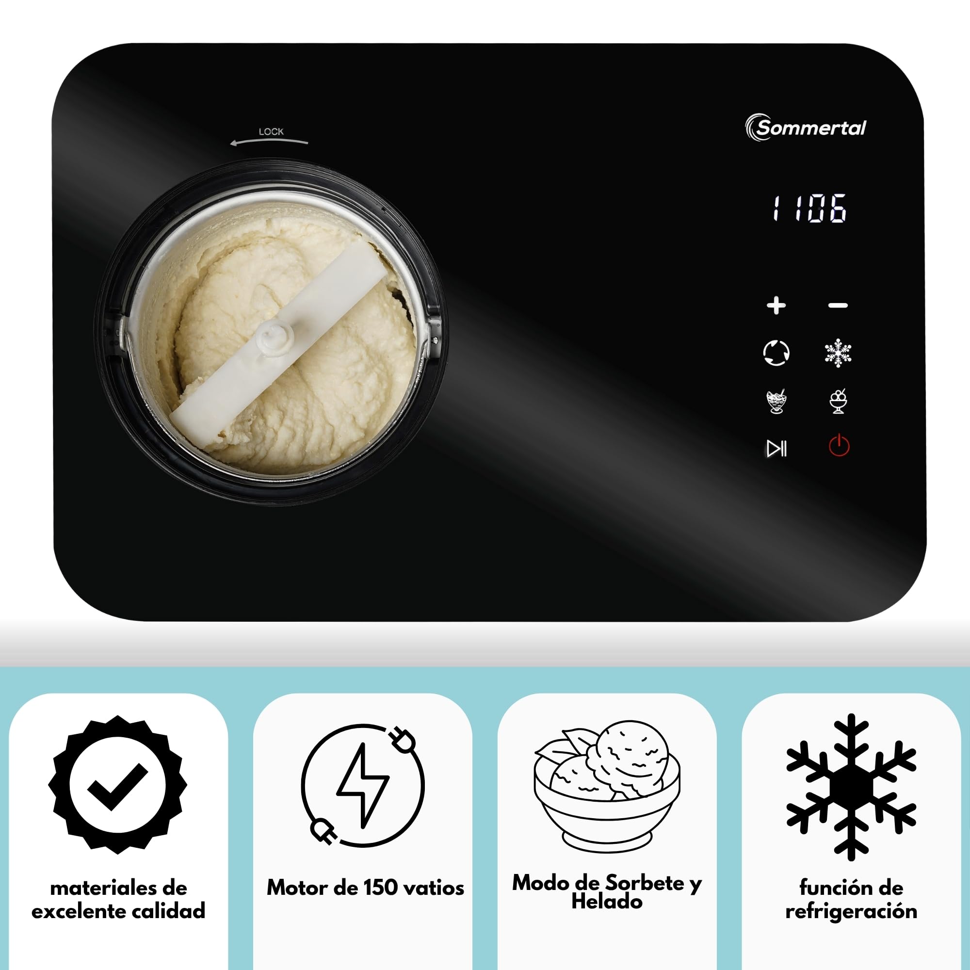 Sommertal ICE1500 - Heladera con compresor de hasta -36 °C, 1,5 L de acero inoxidable, pantalla táctil, 150 W, ahorro de energía, para sorbete, helado de leche y yogur congelado, incluye dosificador
