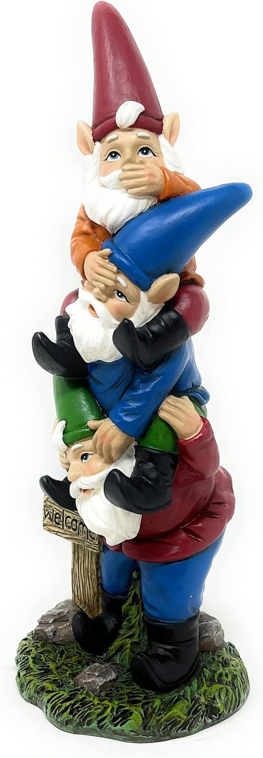 Nature's Mark 3 Stacked Gnomes See No Evil Speak No Evil Hear No Evil Resin Statue Figurine Home Decorative Accent Statue Décor (9.5" H)