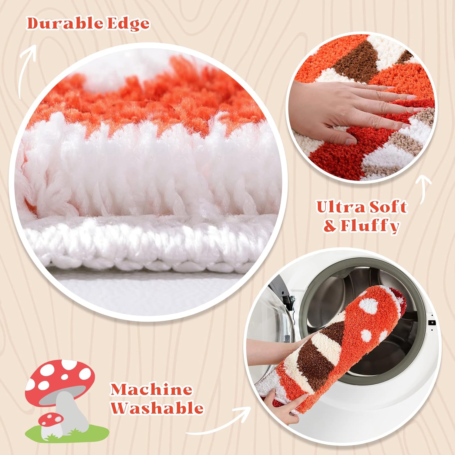 TRUEDAYS Bathroom Rugs Cute Bath Mat Non Slip Red Mushroom Bath Rug for Women Kids and Girls Strong Absorbent Soft Washable Bath Mat Rug for Tub Shower and Bathroom
