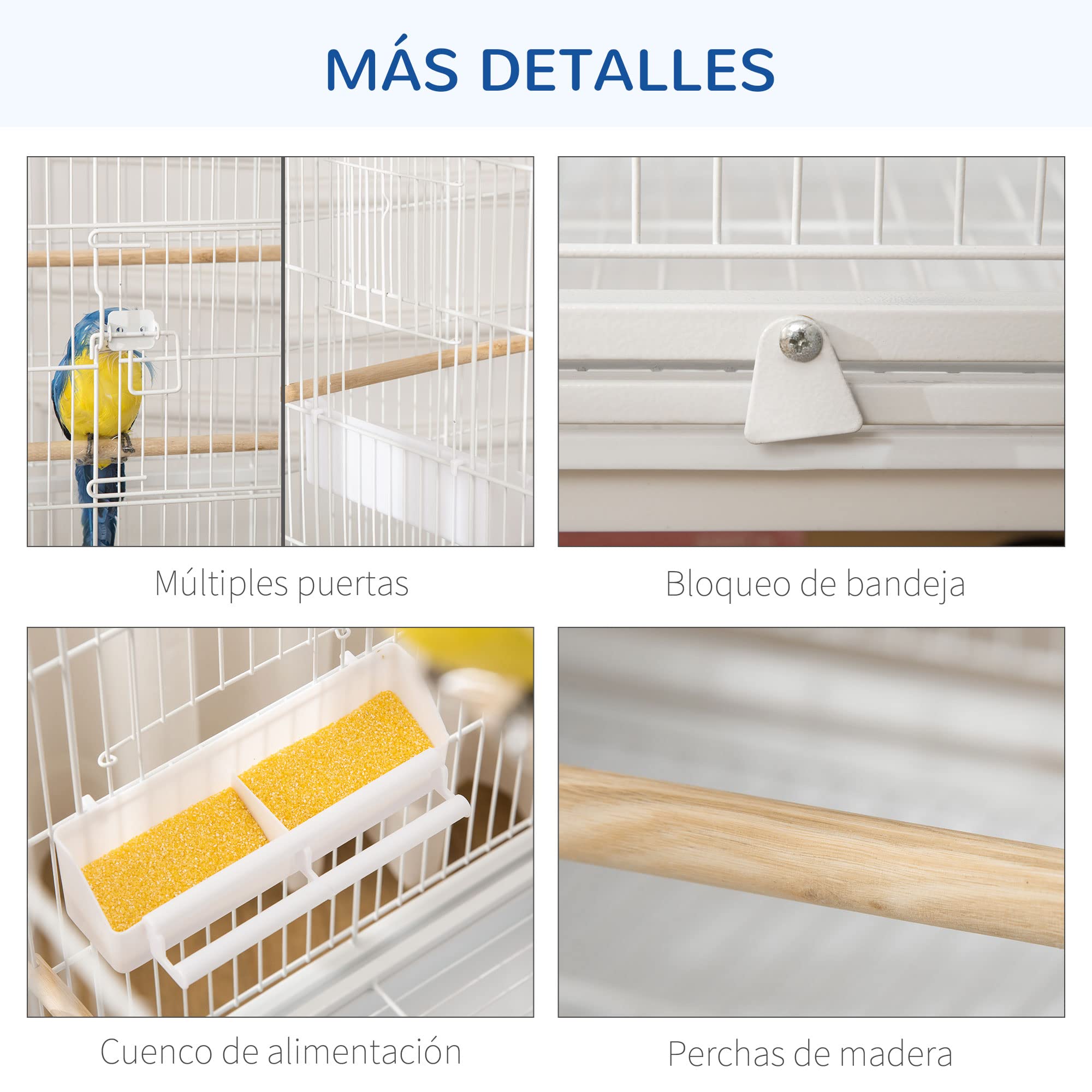 PawHut Jaula para Pájaros con Ruedas Pajarera Metálica con Bandeja Extraíble 4 Puertas 4 Comederos 4 Perchas y Estante de Almacenaje Jaula para Canarios Periquitos 78x52x132 cm Blanco — view 6