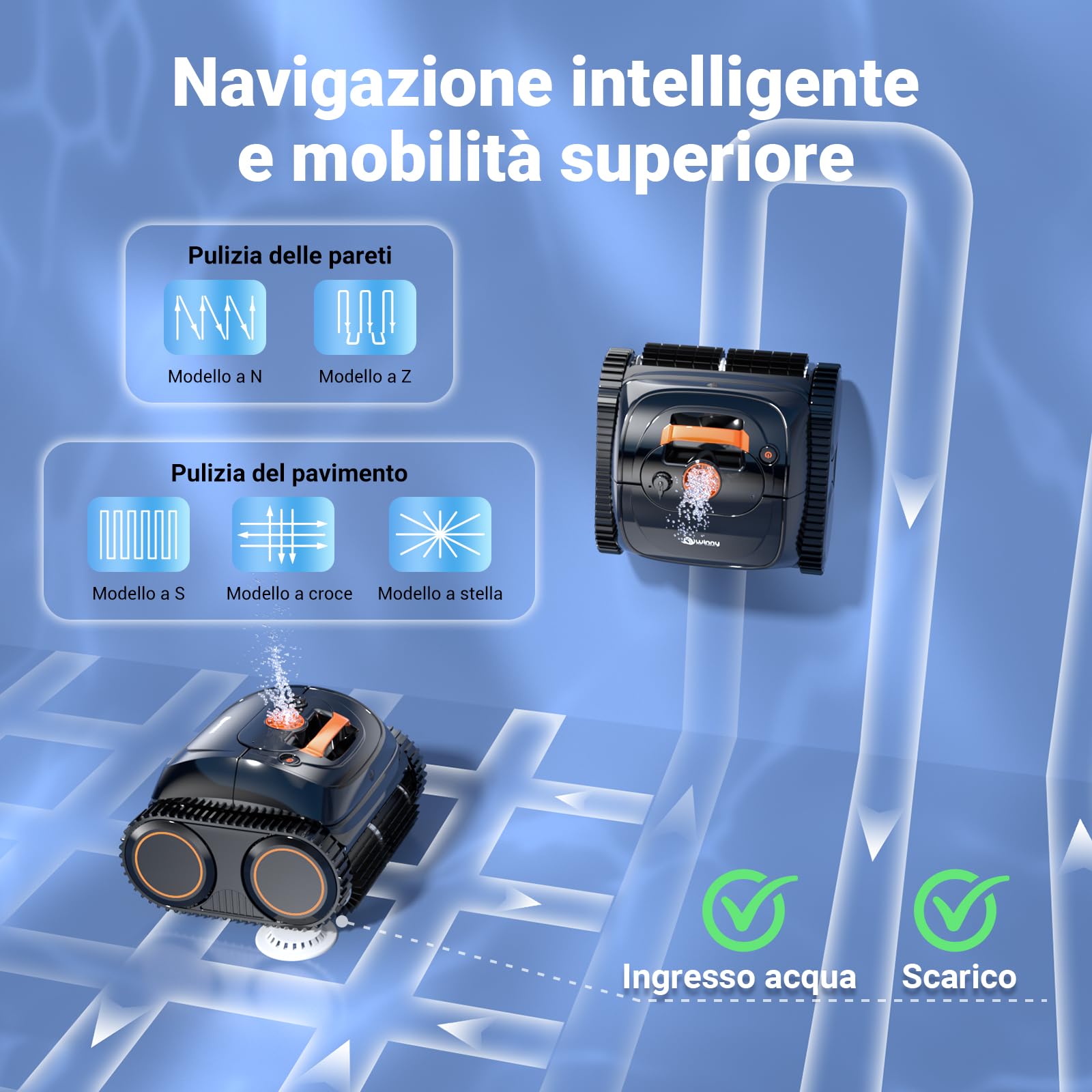 Winny C1 Robot Piscina e Robot Piscina Fuori Terra-Senza Fili, 150 min di Autonomia, Pulisce Fondo e Pareti, Navigazione Intelligente, per Piscine Interrate e Fuori Terra, Arancia Nera