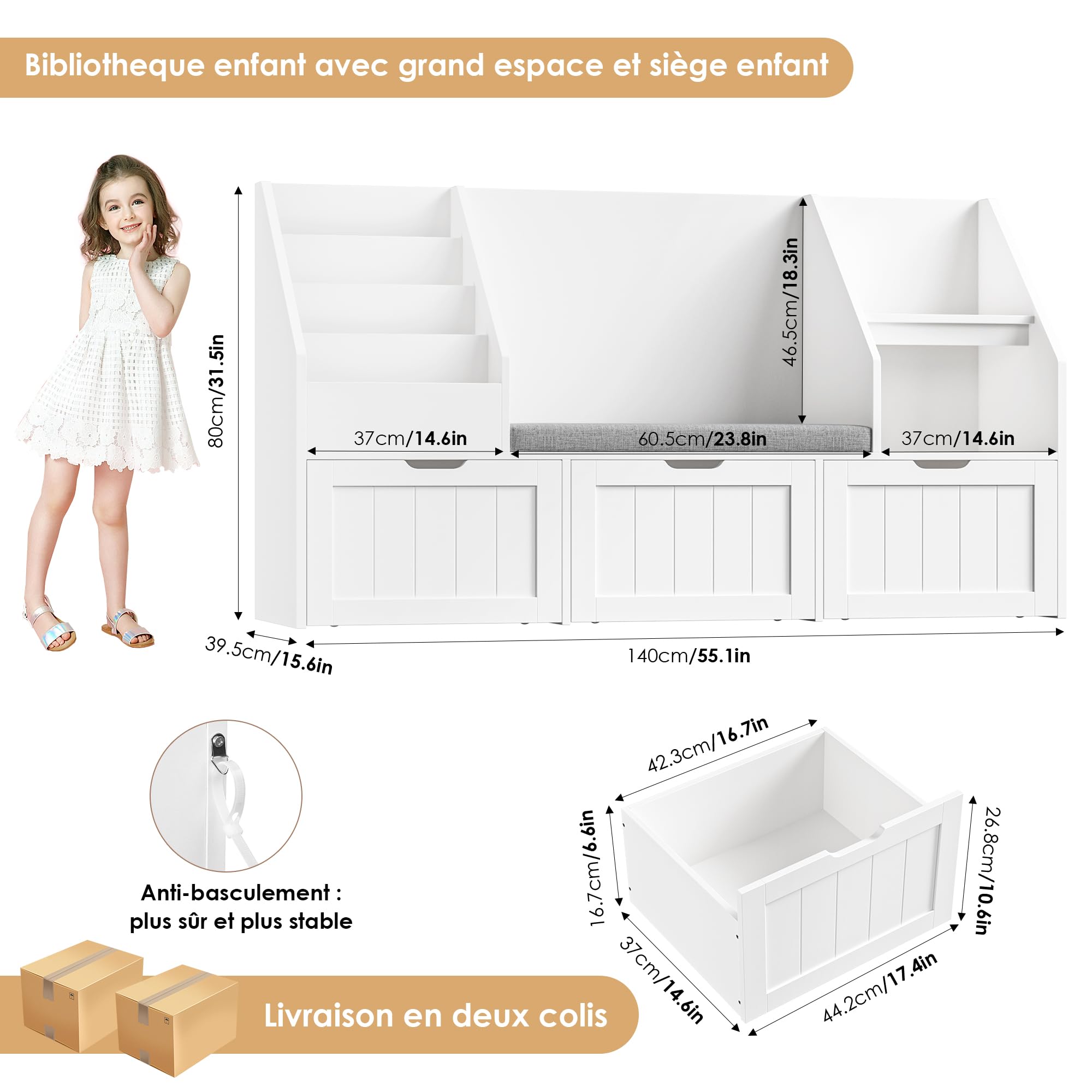 FOREHILL Meuble Rangement Enfant Bibliothèque Enfant avec Banc 9 Étagères 3 Tiroirs Roulants Coussin Amovible Rangement Jouet pour Chambre d’Enfants Salle de Jeu 140x39.5x80cm Blanc