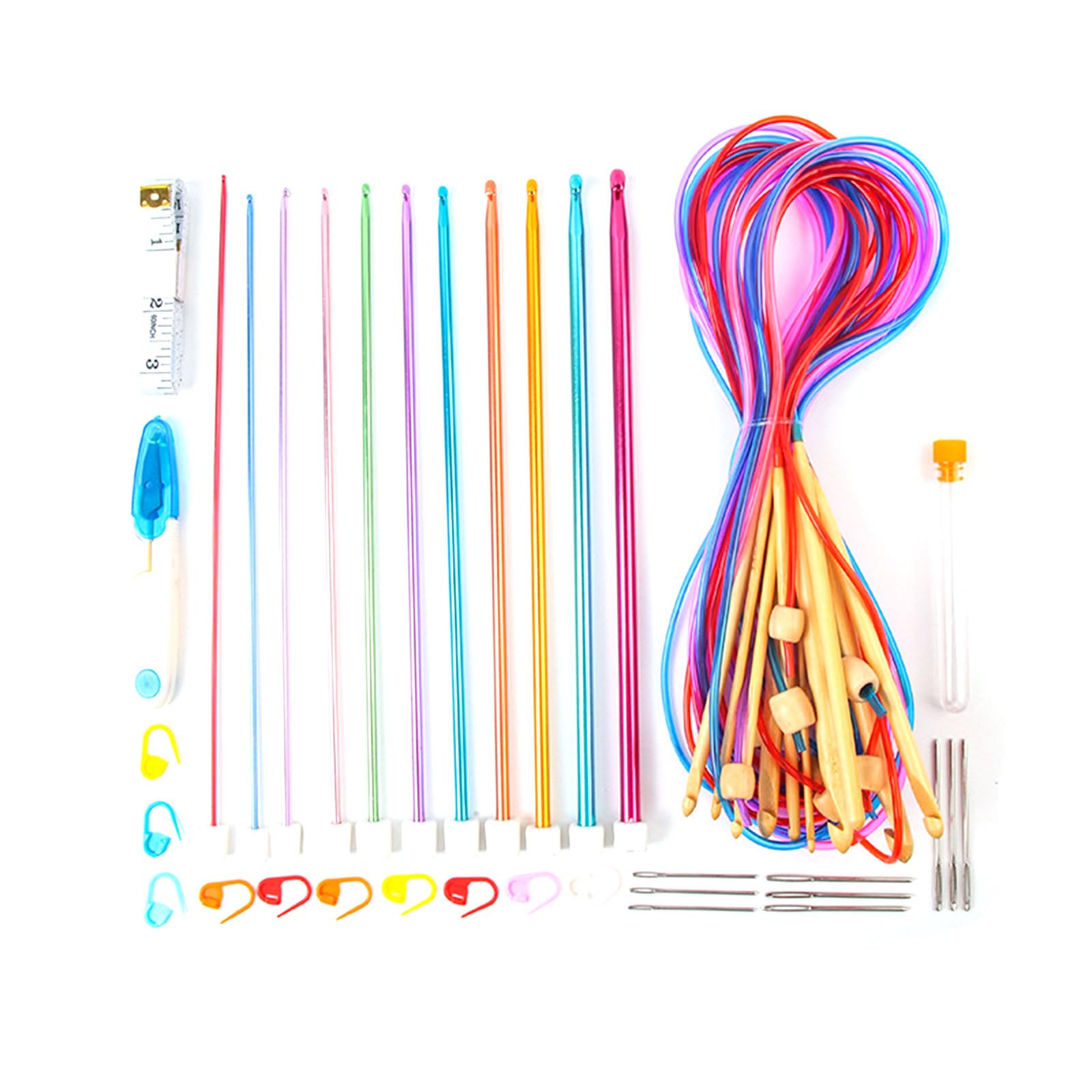 NEWFT Multicolor Aluminum Afghan Crochet Hook with Cable Weave Knitting Needle, Scissors, Needle, Measure Tape Afghan Crochet Hooks Set Long Tunisian Hooks Set Tunisian with Cable
