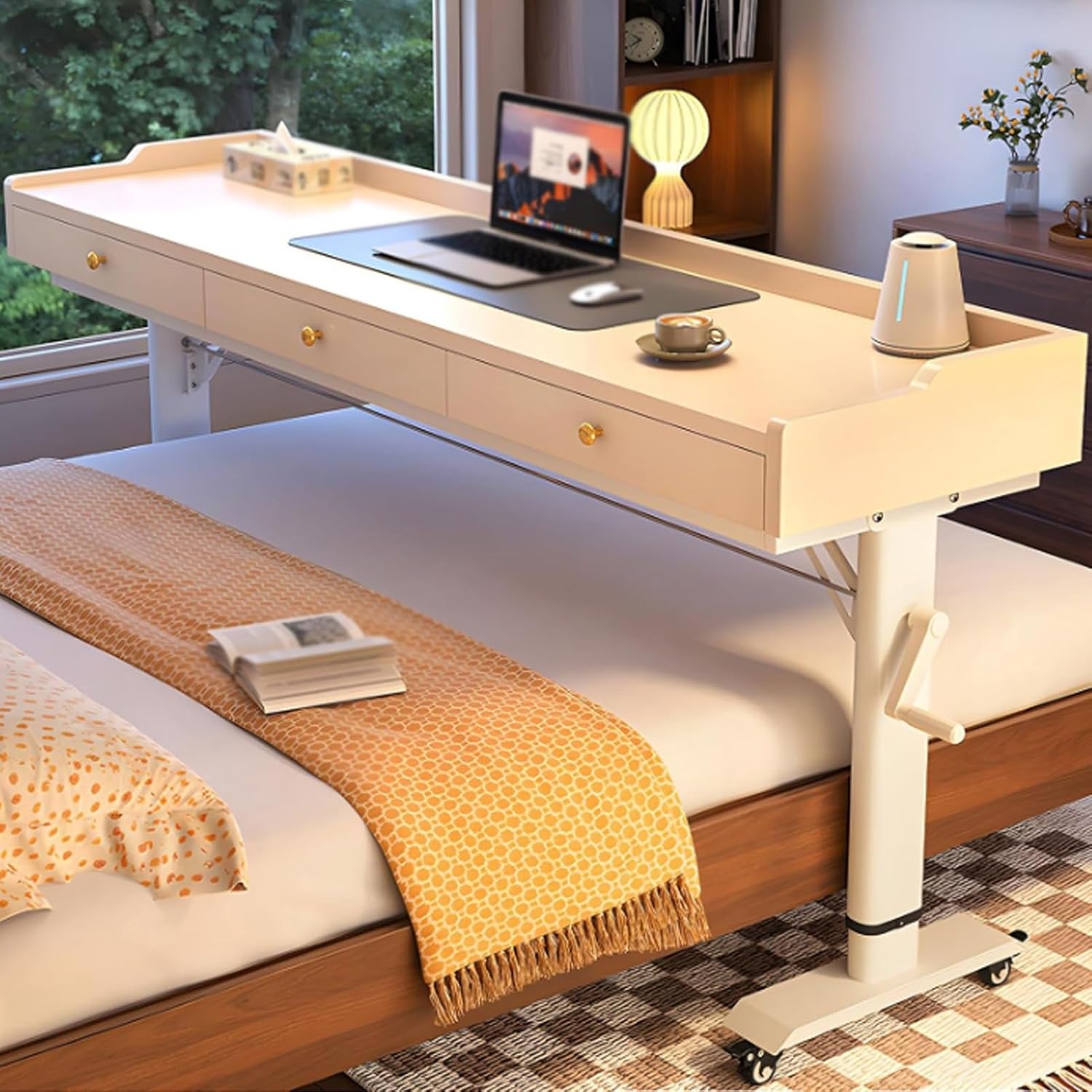 Adjustable Height Overbed Table with Hand Crank, Over Bed Desk with Wheels, Mobile Over The Bed Table with Drawe and Baffles for Bedroom, Hospital and School(Beige+Black,210cm/82.6in)