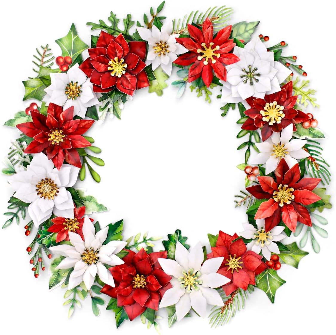 Katy Sue Traditional Christmas Die Cut Flowers & Leaves. 12 Sheets of Double-Sided Die-Cut Red & White Paper Poinsettia Flowers, Flower Centers, & Leaves. for Christmas Card Making & Scrapbooking